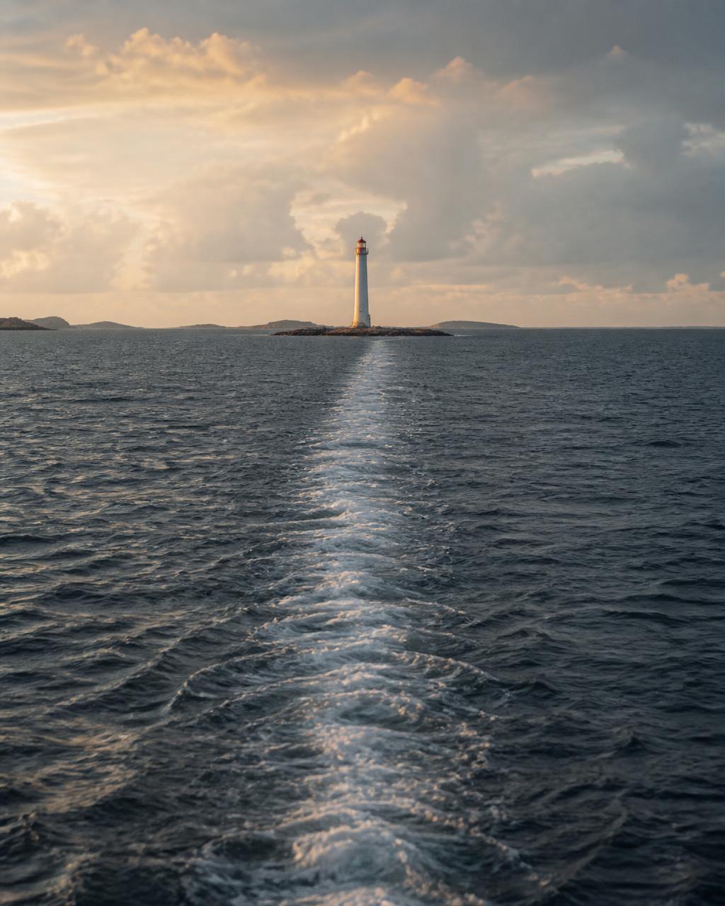 Nordic lighthouse on a rocky islet with a narrow wake leading toward it